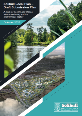 A brochure cover with a blue and white colour scheme, featuring images of a river, a development site, and a parkland. The title reads "Solihull Local Plan – Draft Submission Plan" with a subtitle "A plan for people and places, where wellbeing and the environment matter." The date "October 2020" is displayed. The Solihull Metropolitan Borough Council logo is at the bottom right corner.