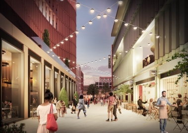 A lively outdoor shopping street at dusk with modern buildings on both sides. People are strolling, some sitting at outdoor cafes, and decorative string lights hang overhead. The scene captures a vibrant, social atmosphere.