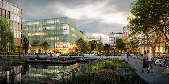 A modern urban development with glass buildings surrounding a landscaped park featuring trees, a pond with water lilies, and people walking and sitting.