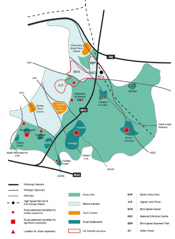 Map of the Birmingham area showing motorway network, strategic highways, railways, and nature belts in green, with town centres, rural settlements, and key landmarks like airports, business parks, and exhibition centres marked.