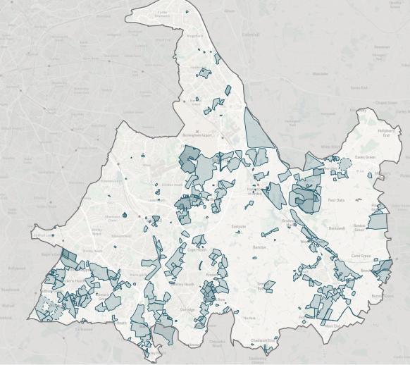 Map showing various areas within a city, outlined with dark borders, with some regions shaded in darker blue, indicating different zones or areas of interest.