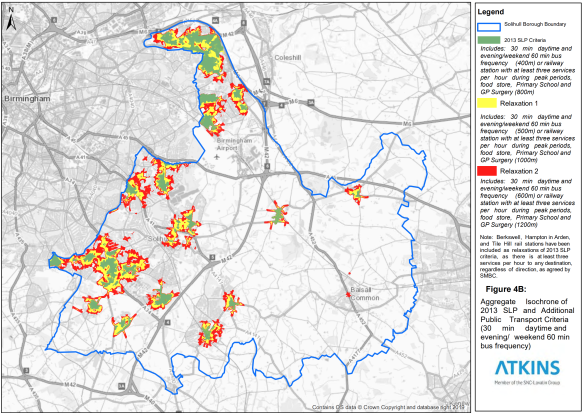 Map showing Birmingham with the Solihull borough boundary in blue. Red, yellow, and green zones indicate locations of 2013 SLPI and additional public transport criteria, highlighting areas of dense and sparse bus service coverage. The legend explains categories: Solihull Borough Boundary, Relaxation 1, Relaxation 2, and Relaxation 3, each with specific bus frequency and service thresholds.