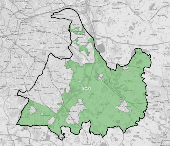 Map showing the boundary of Solihull and surrounding areas, with green shading indicating the Solihull region and black outline marking its borders.