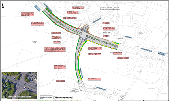 A detailed road construction plan showing modifications to an intersection with new lanes, pedestrian crossings, and traffic signals. There are annotations in red indicating proposed and existing features, with an inset aerial view in the bottom left corner.