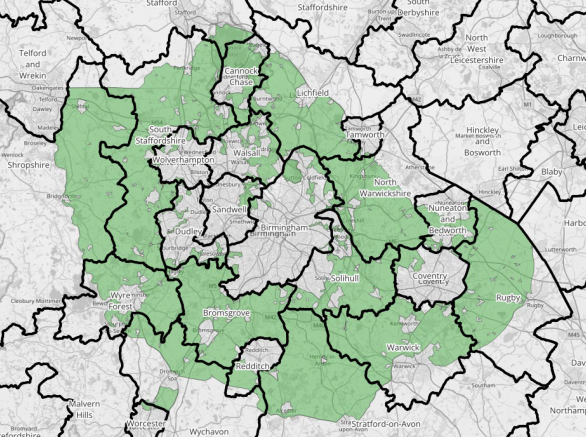 Map showing various districts outlined in black, with several areas shaded in light green, indicating specific regions. Major towns and districts such as Birmingham, Wolverhampton, and Coventry are visible within the highlighted regions.