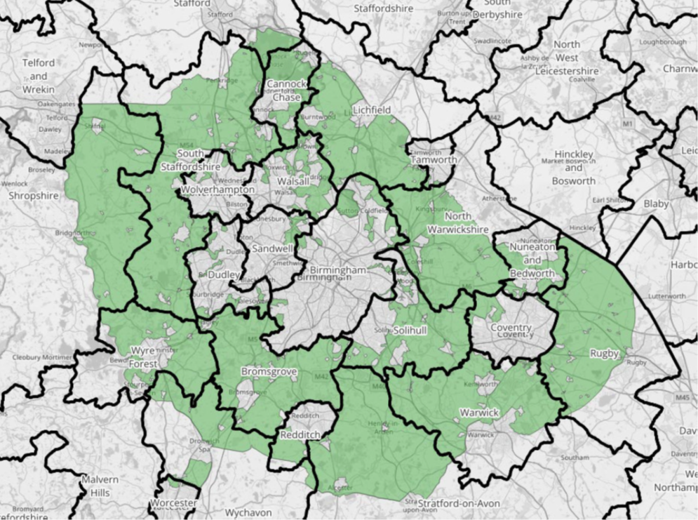 Map of the wider Metropolitan West Midlands showing the area of the Green Belt shaded in light green. The boundaries of local authorities are outlined in black.