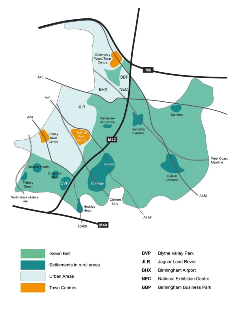 Spatial Portrait diagram of Solihull Borough. It shows a stylised area of the Green Belt in teal, larger villages in the Green Belt in a darker colour teal. The main A roads and motorways as well as the main train lines are shown crossing the Borough. The main urban area is shown in a lighter blue-green colour. The main town centres are shown in orange.