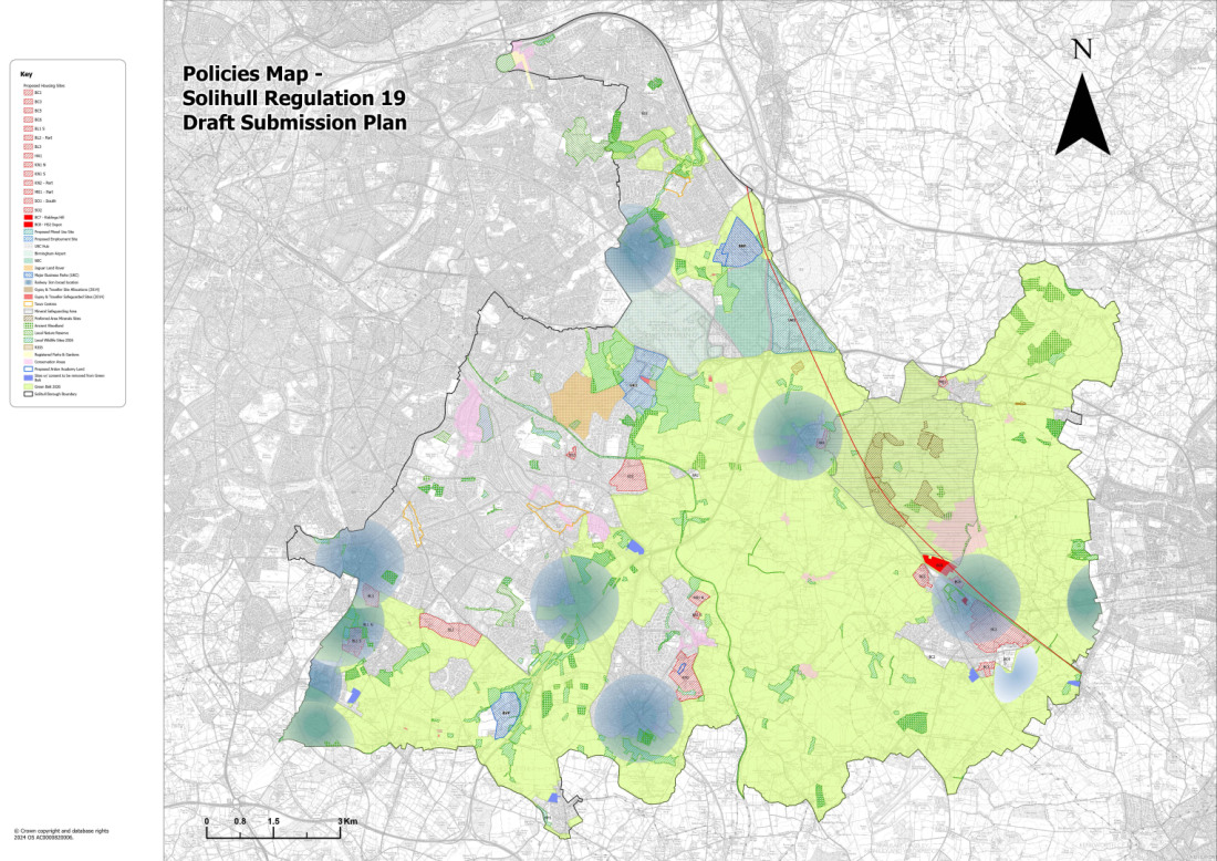 Policies map showing where the policies and land-use designations of the Solihull Regulation 19 Draft Submission Plan apply across the borough. Different colours, boundaries and symbols identify the geographical extent of the designations listed in the map legend.