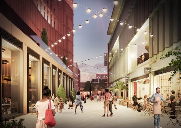 Architectural visualisation presents a pedestrian shopping street designed for retail, dining and social activity. Multi-storey red-brick and glass façades, hanging festoon lights, shopfronts, café seating, greenery and numerous pedestrians create a lively, welcoming atmosphere.
