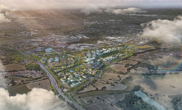 Aerial architectural rendering presents a proposed mixed-use development within a rural landscape from an aerial viewpoint. Blue and white buildings, landscaped green spaces, ponds, roads and surrounding farmland show planned urban expansion, with existing settlements and cloudy terrain visible beyond.