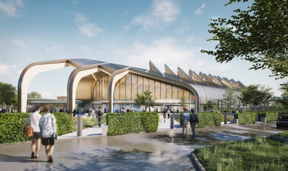 Picture of architect's rendering of the future HS2 Interchange station at Arden Cross, Solihull. The image depicts a modern rail station with arches, glazed façades and repeated sawtooth roof sections. A landscaped plaza, clipped hedges, trees, pedestrians and covered entrance illustrate an accessible public arrival space.