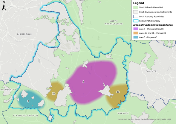 Map showing indicative Areas of Fundamental Importance across Solihull's administrative area, with the areas shown based on text above and colour coded to show different principle purposes of the Green Belt. The area to the south-west is blue for 'Purpose C', the area to the centre is purple for 'Purposes B and C', and two smaller areas to the west of Knowle and to the east of Balsall Common are orange for Purpose B.