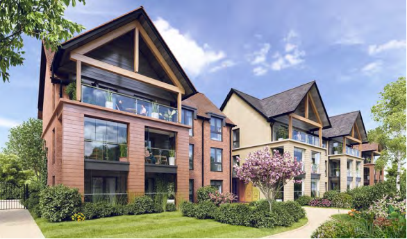 Architectural rendering of spacious modern houses with grey roofs, large windows, balconies with either orange brick or cream facades against a blue sky. Neat landscaping at front with shrubbery and small ornamental cherry tree in bloom. A winding gravel path gives sense of enclosure and privacy.