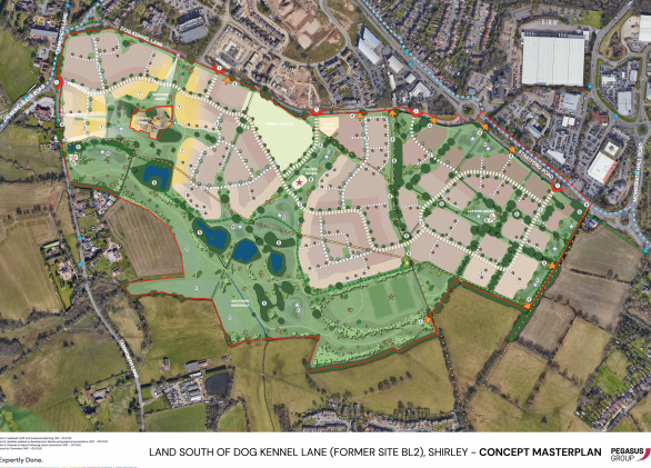 Site masterplan aerial map showing proposed development land south of Dog Kennel Lane, Shirley, outlined in red and overlaid on existing landscape. Coloured zones depict residential parcels, green corridors, woodland, ponds, recreational spaces, roads and walking routes, with surrounding housing, farmland and infrastructure visible.