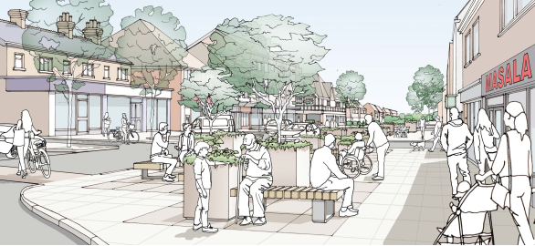 Architectural streetscape illustration showing a design of a town centre public space for pedestrians, cyclists and community use. Tree-lined paving, planted seating areas, benches, shops including MASALA, cyclists and varied groups of people highlight a greener, more sociable street environment.